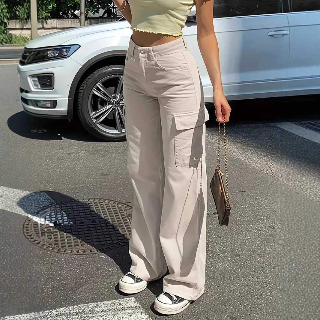 High Waist Wide Leg Flap Pocket Cargo Pants