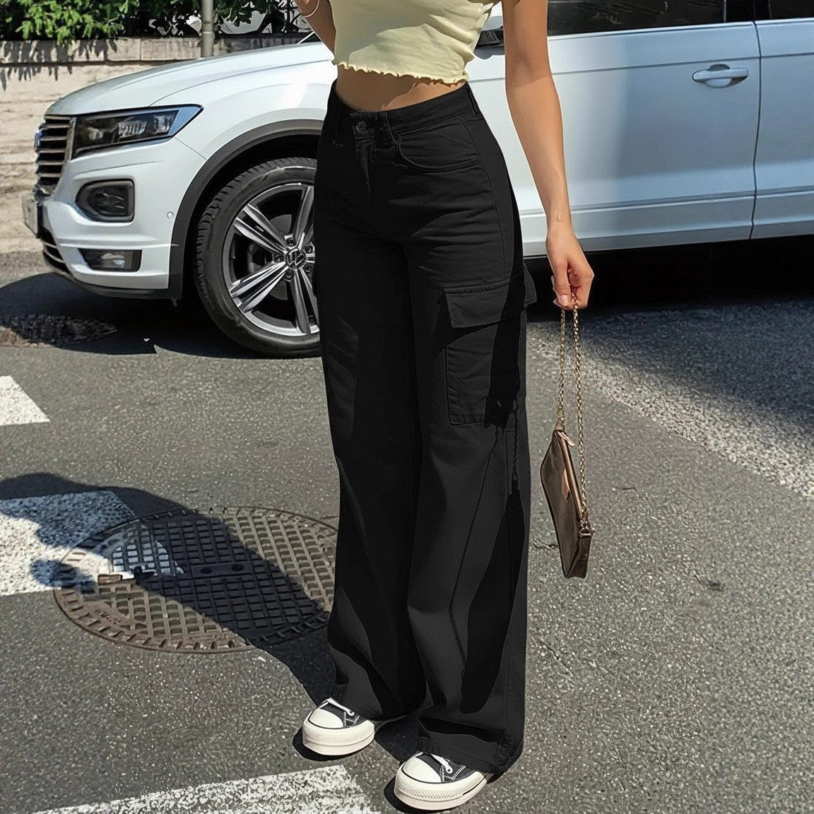 High Waist Wide Leg Flap Pocket Cargo Pants