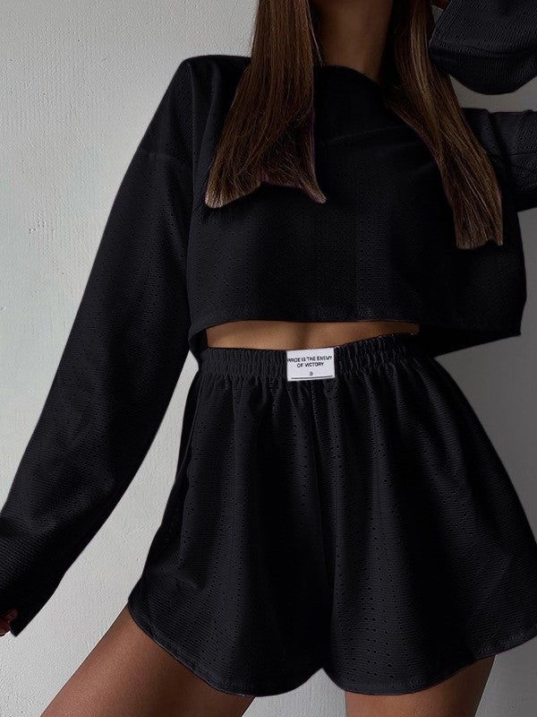 Eyelet Long Sleeve Crop and Shorts Set - Black