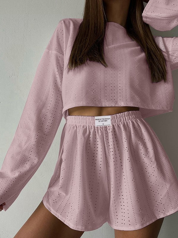 Eyelet Long Sleeve Crop and Shorts Set - Pink