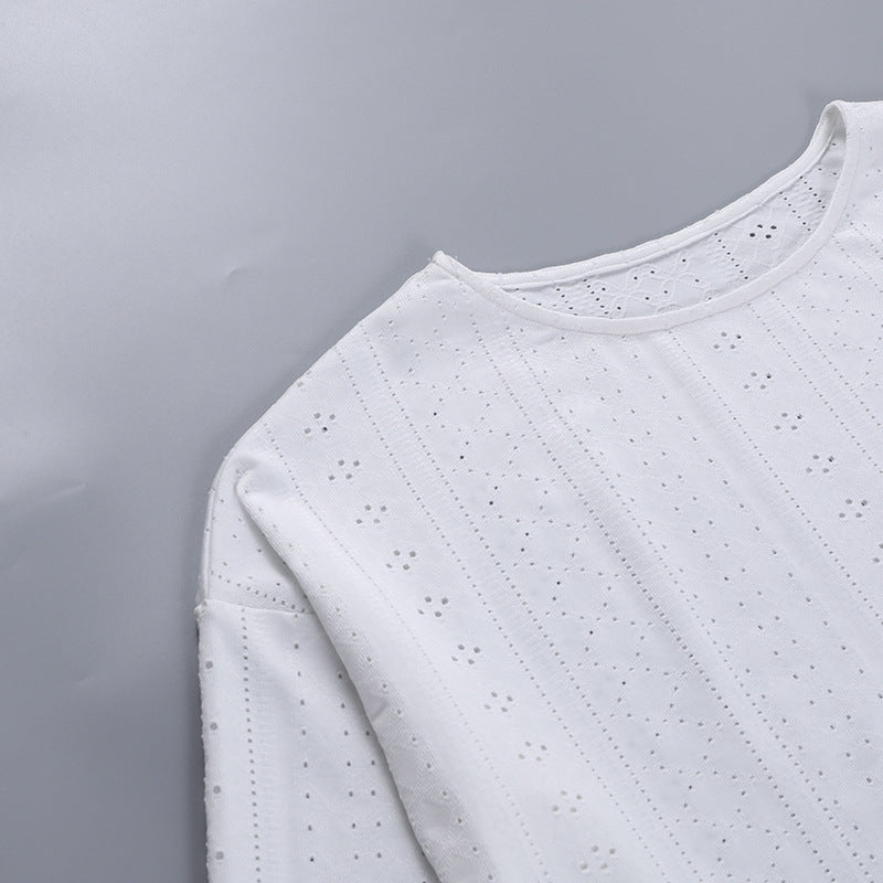 Eyelet Long Sleeve Crop and Shorts Set - White - 12