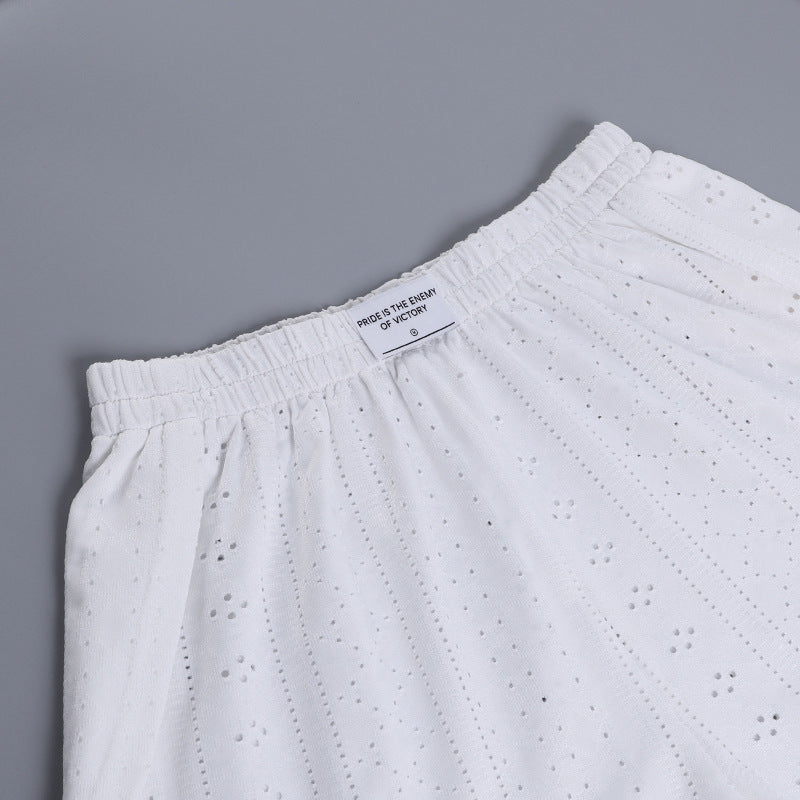 Eyelet Long Sleeve Crop and Shorts Set - White - 14