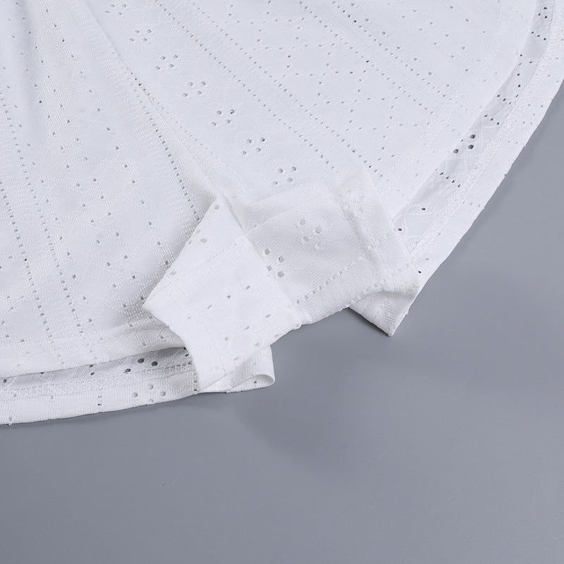 Eyelet Long Sleeve Crop and Shorts Set - White - 15
