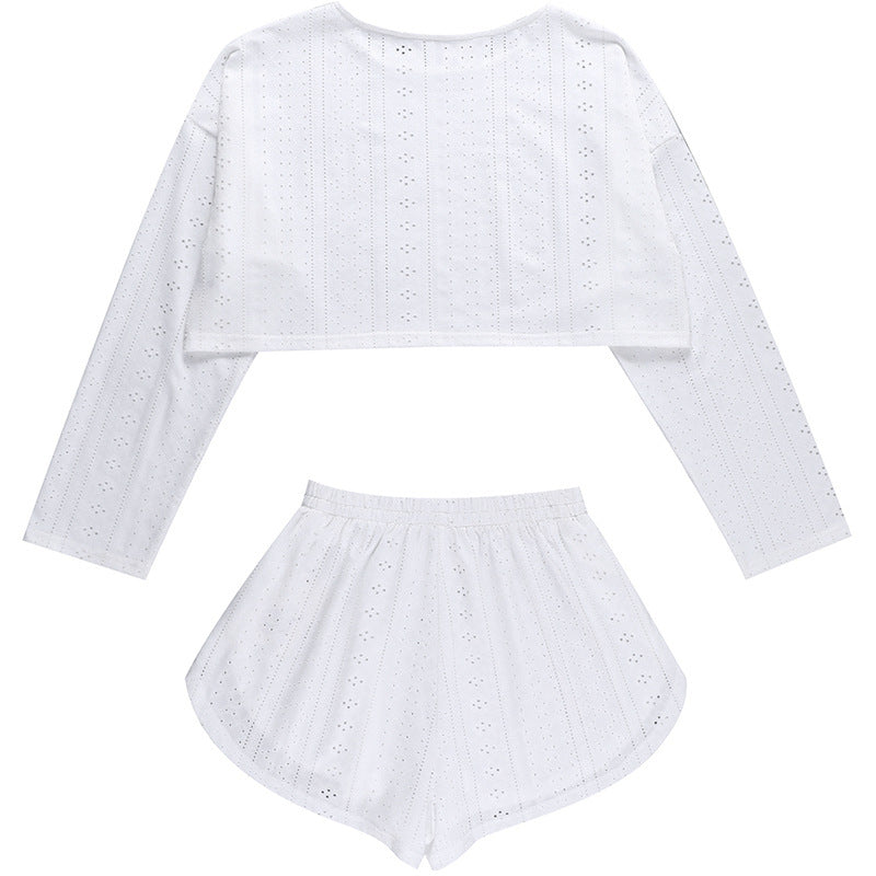 Eyelet Long Sleeve Crop and Shorts Set - White - 21