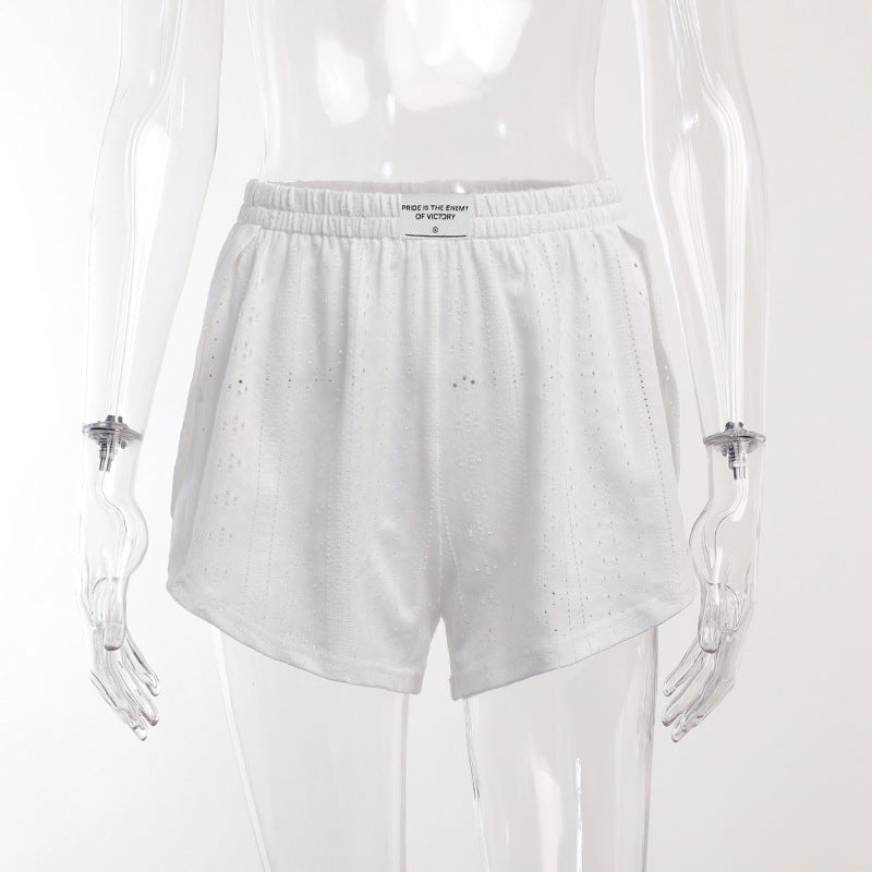 Eyelet Long Sleeve Crop and Shorts Set - White - 7
