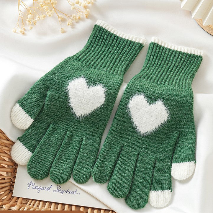 Fuzzy Heart Knit Touchscreen Winter Gloves - Green