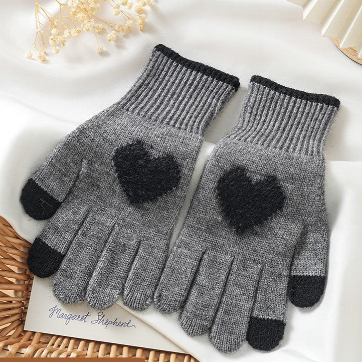 Fuzzy Heart Knit Touchscreen Winter Gloves - Grey