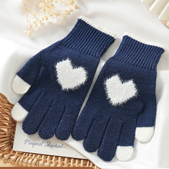 Fuzzy Heart Knit Touchscreen Winter Gloves - Navy