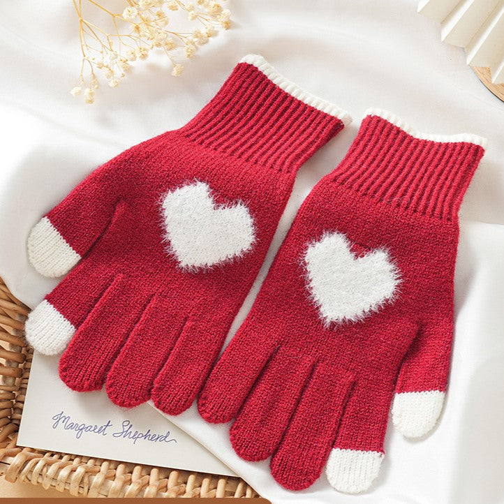 Fuzzy Heart Knit Touchscreen Winter Gloves - Red