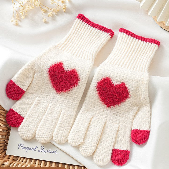 Fuzzy Heart Knit Touchscreen Winter Gloves - White - 1