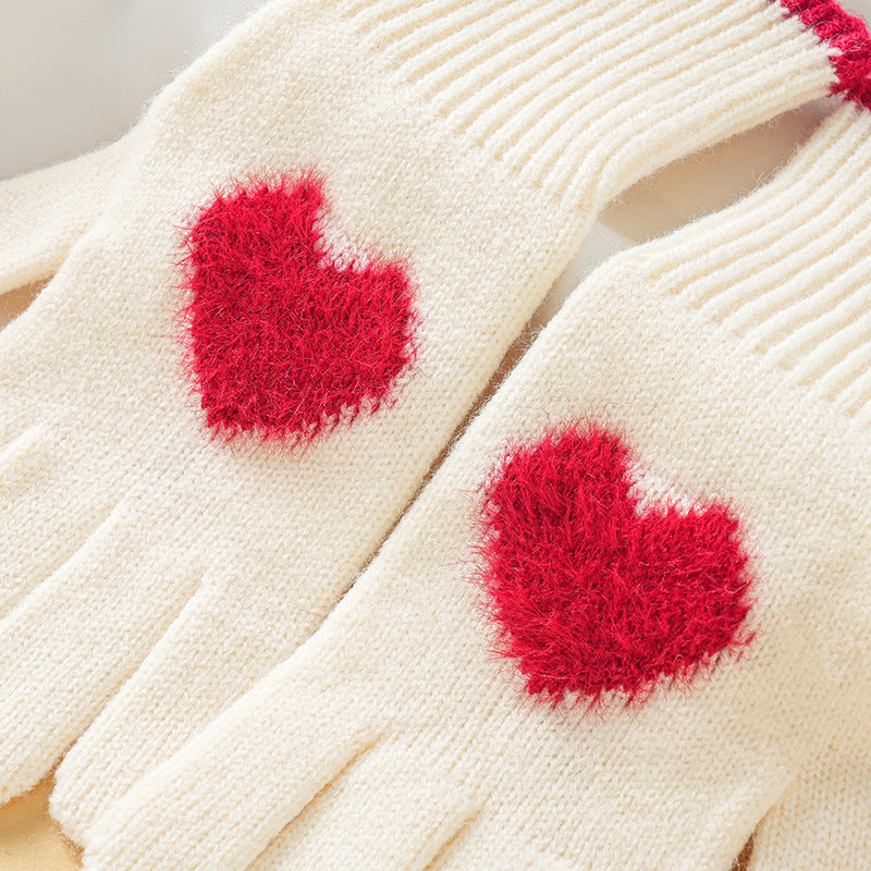 Fuzzy Heart Knit Touchscreen Winter Gloves - White - 2