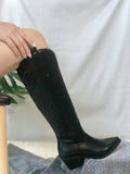 Embroidered Pointed Toe Knee High Western Boots - Black