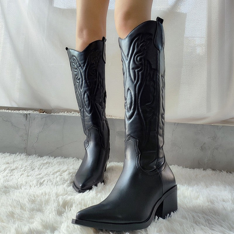 Embroidered Pointed Toe Knee High Western Boots