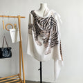 Oversized Animal Print Fringed Blanket Scarf - White
