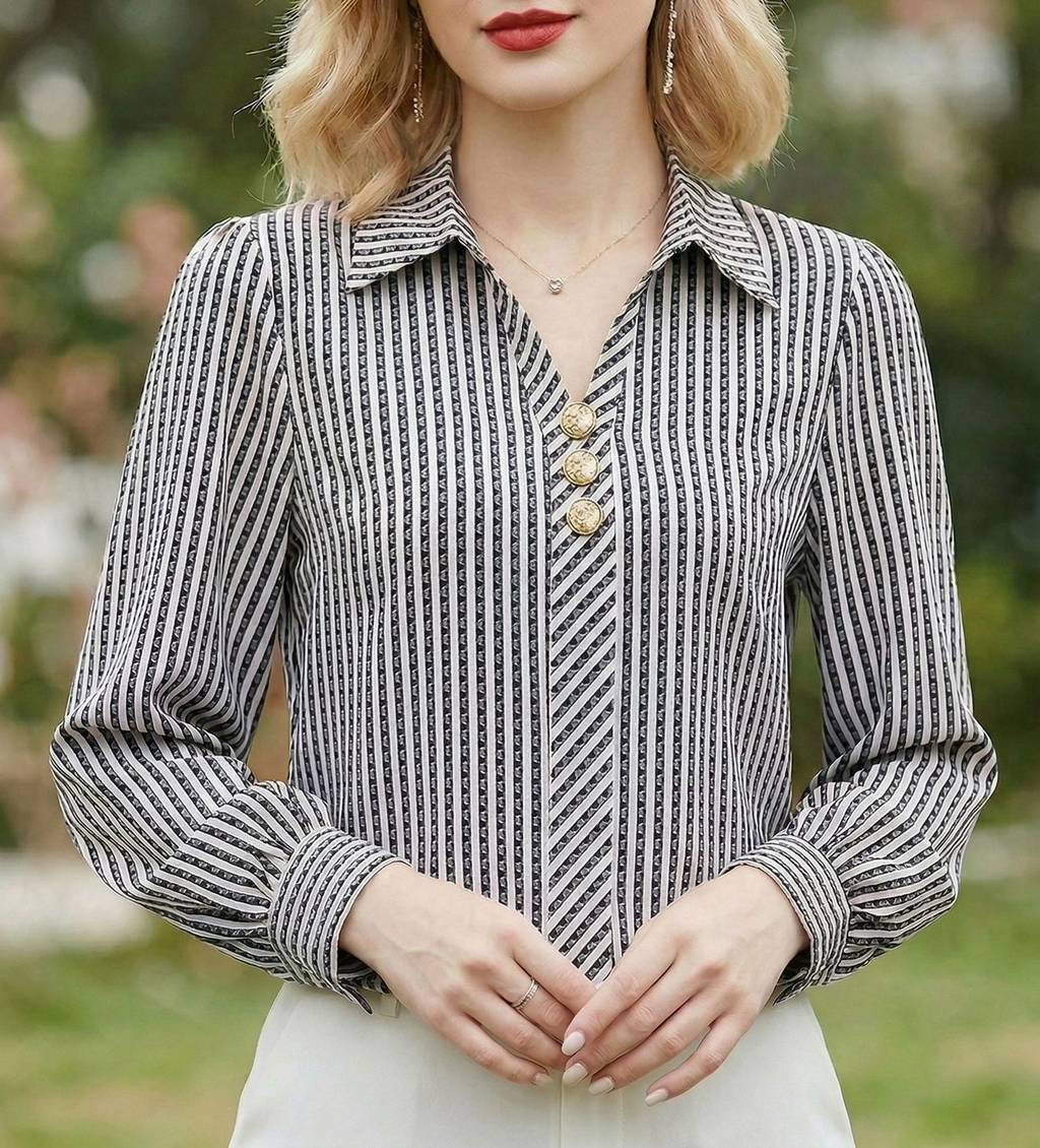 Striped Long Sleeve Blouse With Point Collar - Black