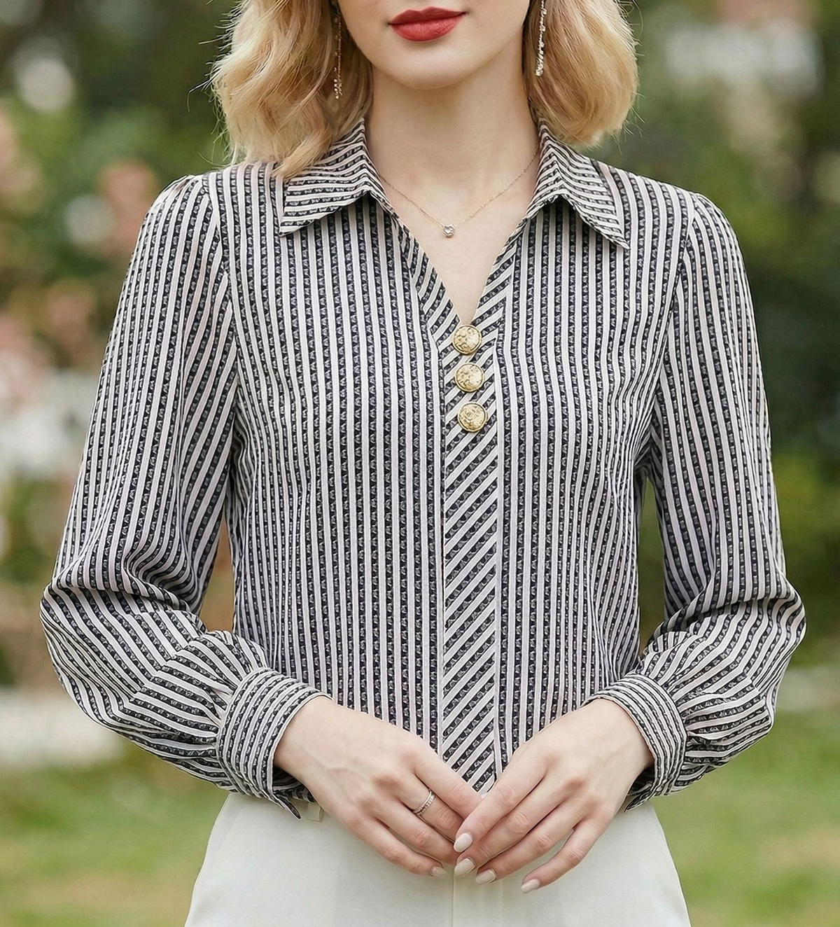 Striped Long Sleeve Blouse With Point Collar - Black