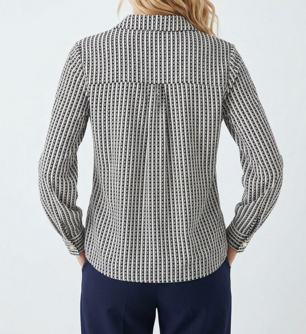 Striped Long Sleeve Blouse With Point Collar - Black - 1