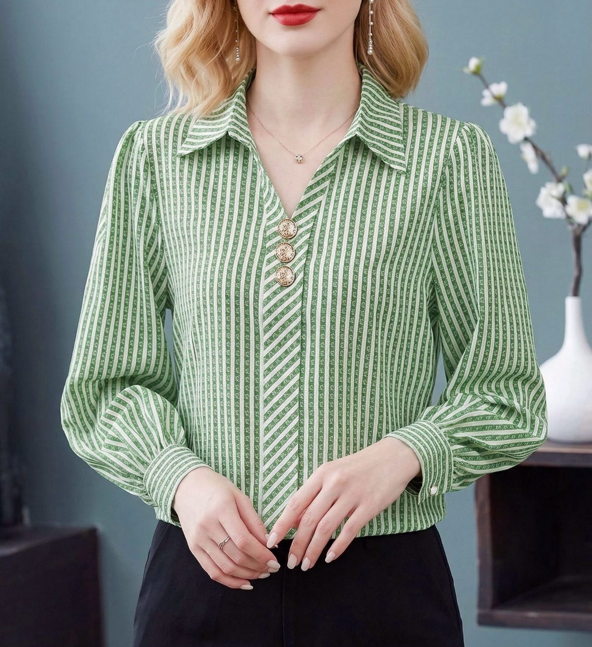 Striped Long Sleeve Blouse With Point Collar - Green