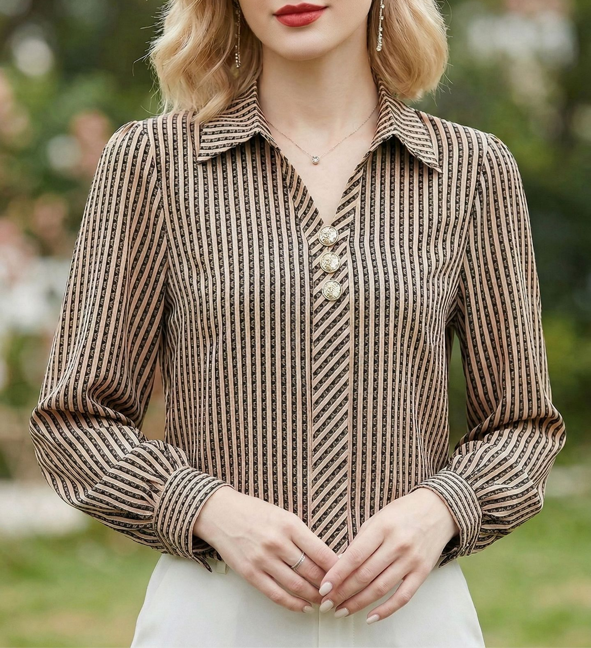 Striped Long Sleeve Blouse With Point Collar - Khaki