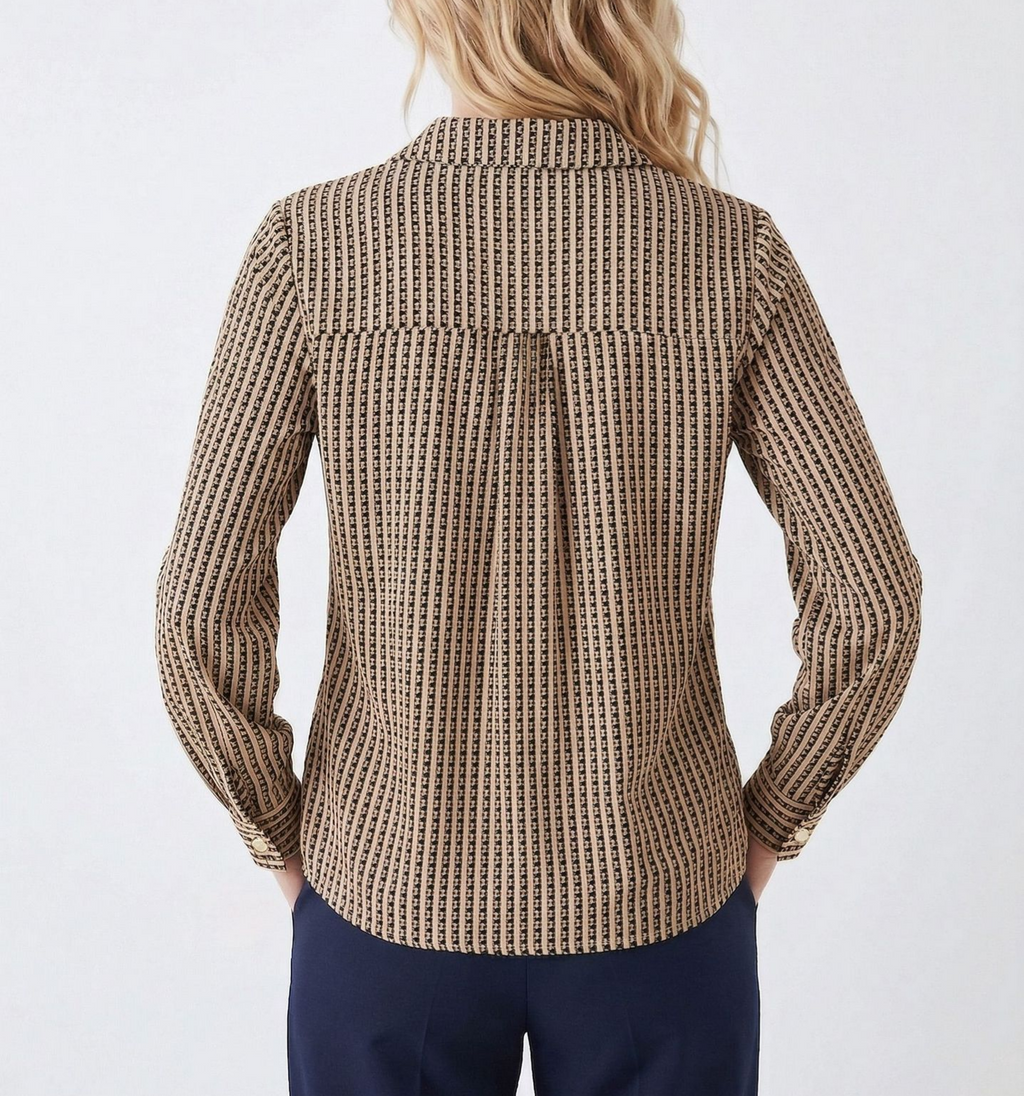 Striped Long Sleeve Blouse With Point Collar - Khaki - 1