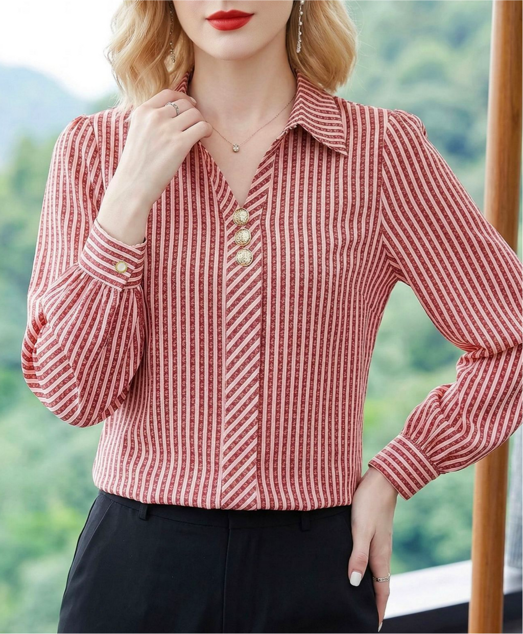 Striped Long Sleeve Blouse With Point Collar - Red