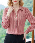 Striped Long Sleeve Blouse With Point Collar - Red