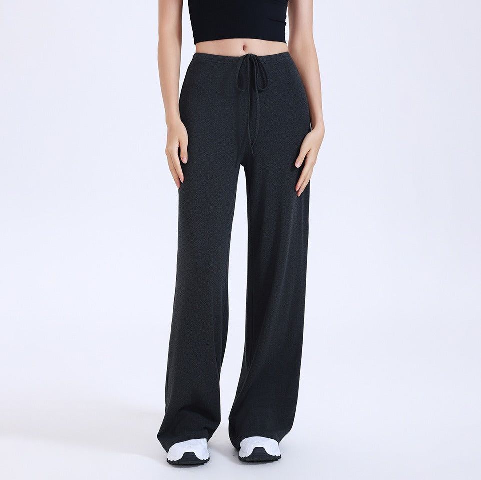 Brushed Knit Tie Waist Wide Leg Yoga Pants - Heather Black
