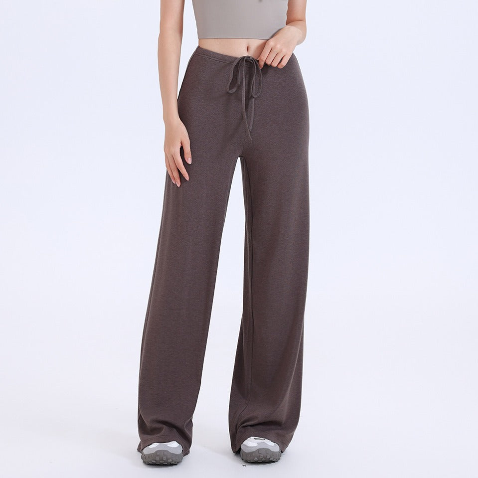 Brushed Knit Tie Waist Wide Leg Yoga Pants - Mocha