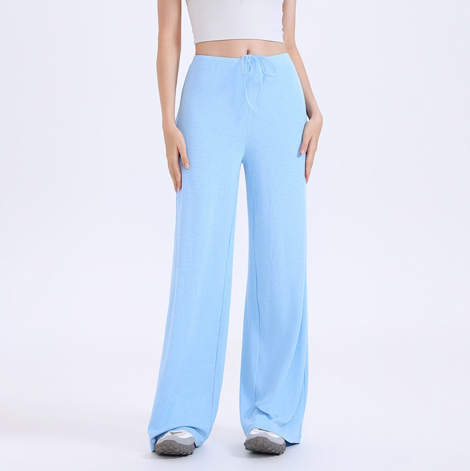 Brushed Knit Tie Waist Wide Leg Yoga Pants - Sky Blue