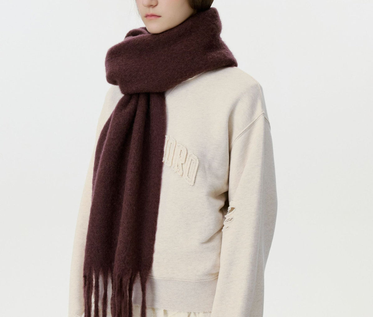 Fluffy Brushed Knit Fringe Scarf - Brown