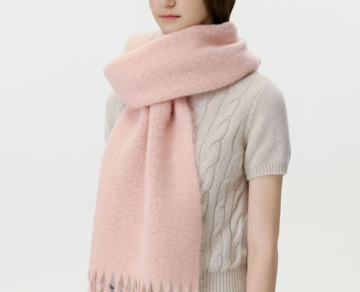 Fluffy Brushed Knit Fringe Scarf - Pink