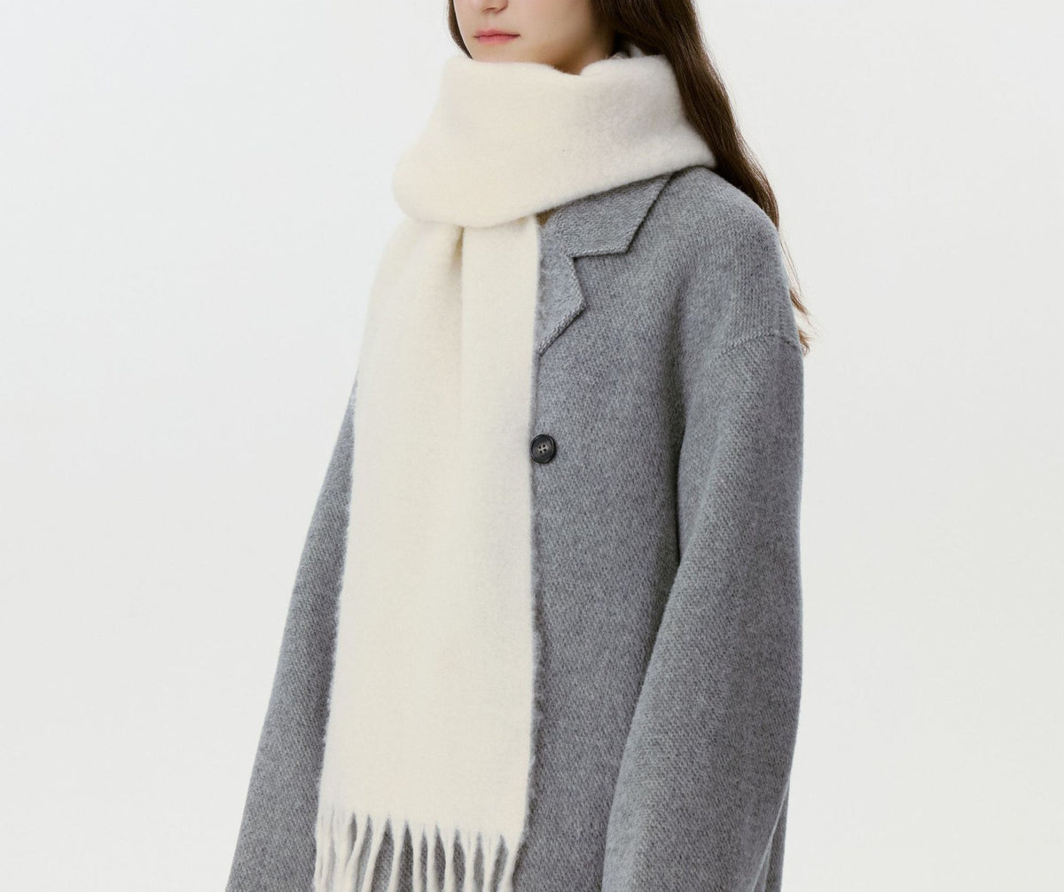 Fluffy Brushed Knit Fringe Scarf - White