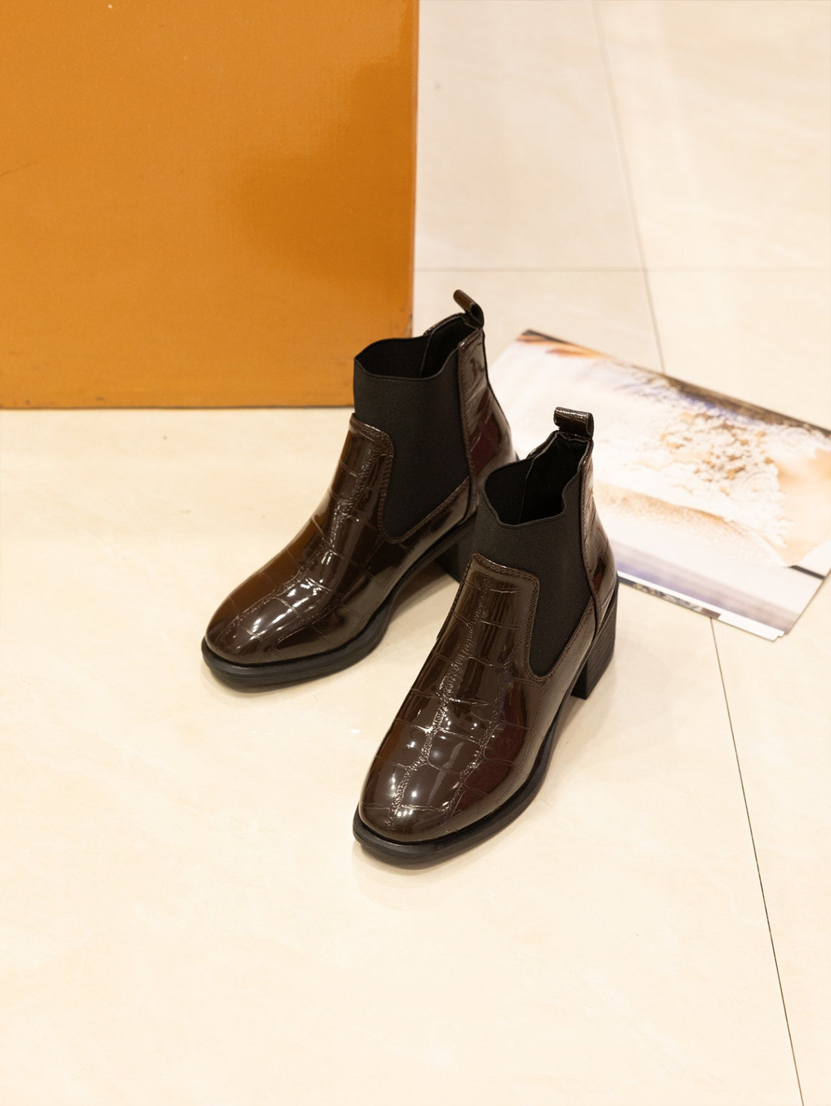 Croc Embossed Patent Chelsea Ankle Boots