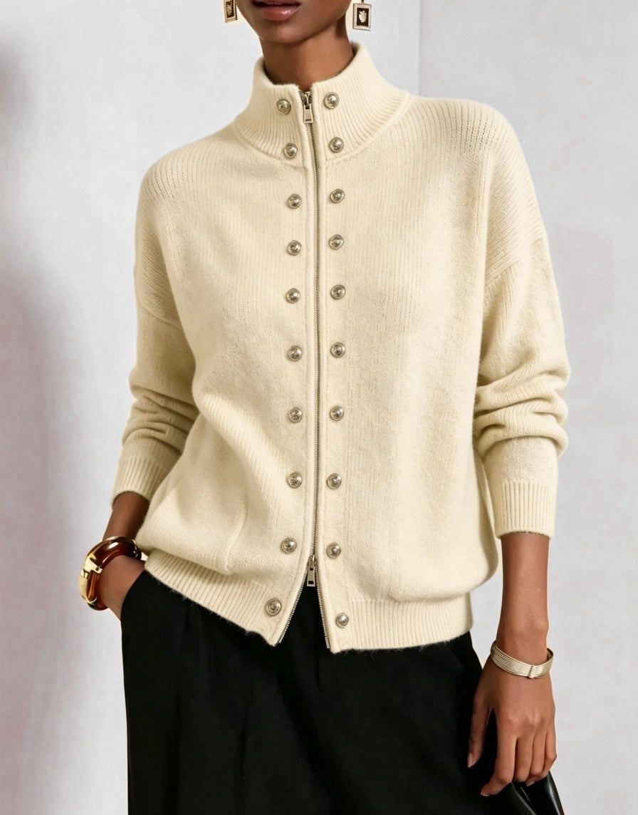 Stand Collar Zip-Up Cardigan with Double Button Rows - Beige