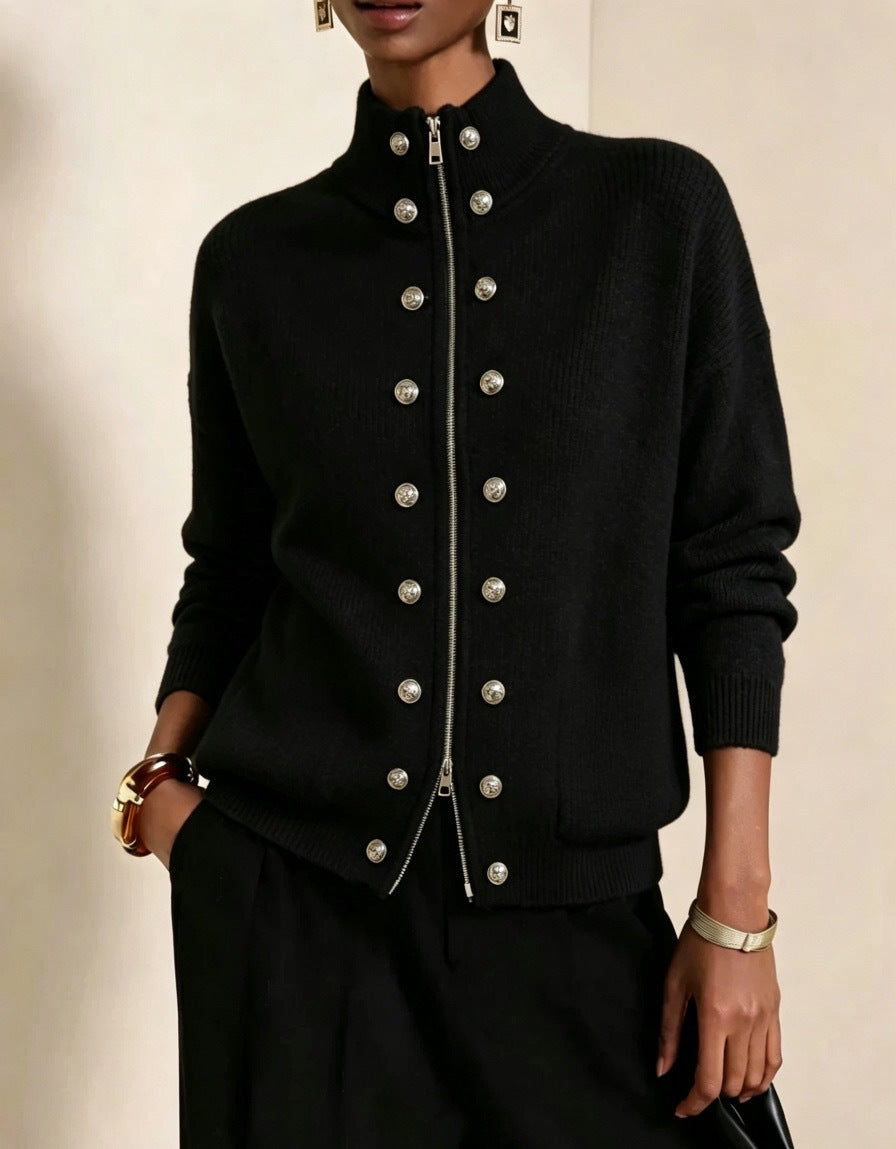 Stand Collar Zip-Up Cardigan with Double Button Rows - Black