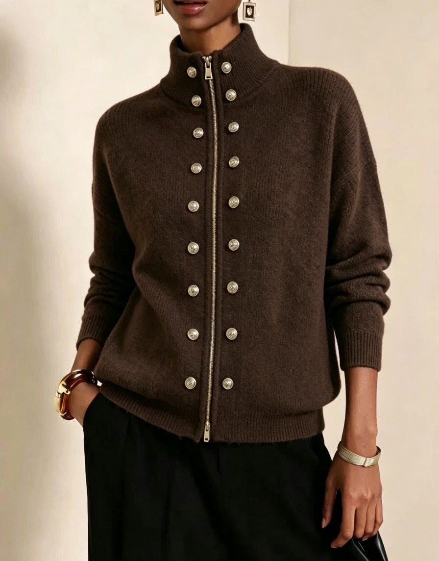 Stand Collar Zip-Up Cardigan with Double Button Rows - Coffee