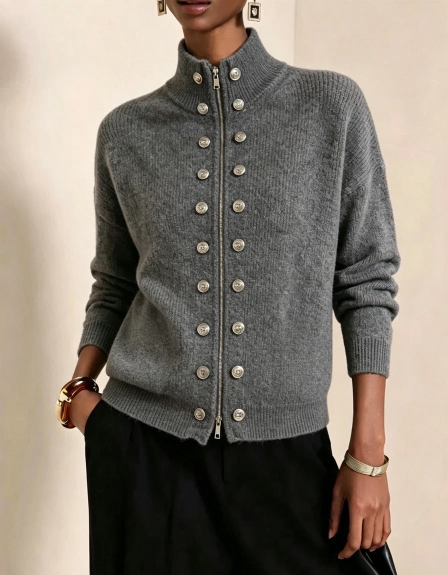 Stand Collar Zip-Up Cardigan with Double Button Rows - DarkGrey