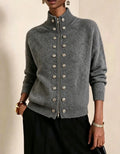 Stand Collar Zip-Up Cardigan with Double Button Rows - DarkGrey