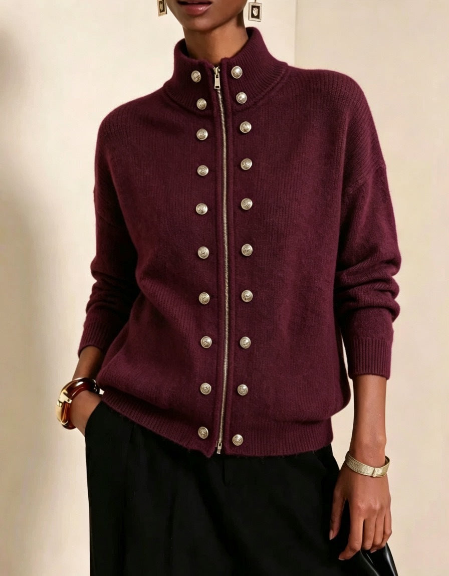 Stand Collar Zip-Up Cardigan with Double Button Rows - DarkPurple