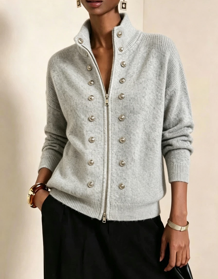 Stand Collar Zip-Up Cardigan with Double Button Rows - LightGrey
