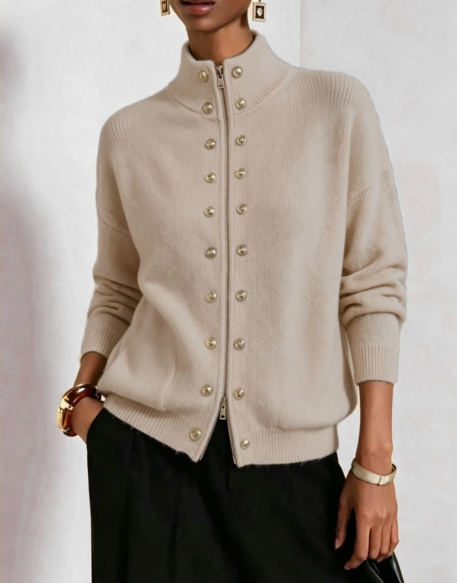 Stand Collar Zip-Up Cardigan with Double Button Rows - Oatmeal