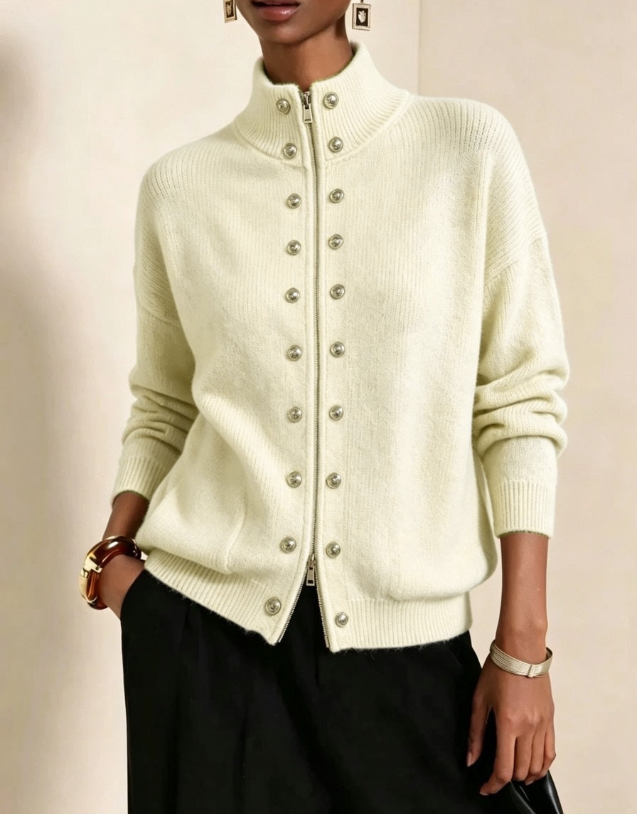 Stand Collar Zip-Up Cardigan with Double Button Rows - OffWhite