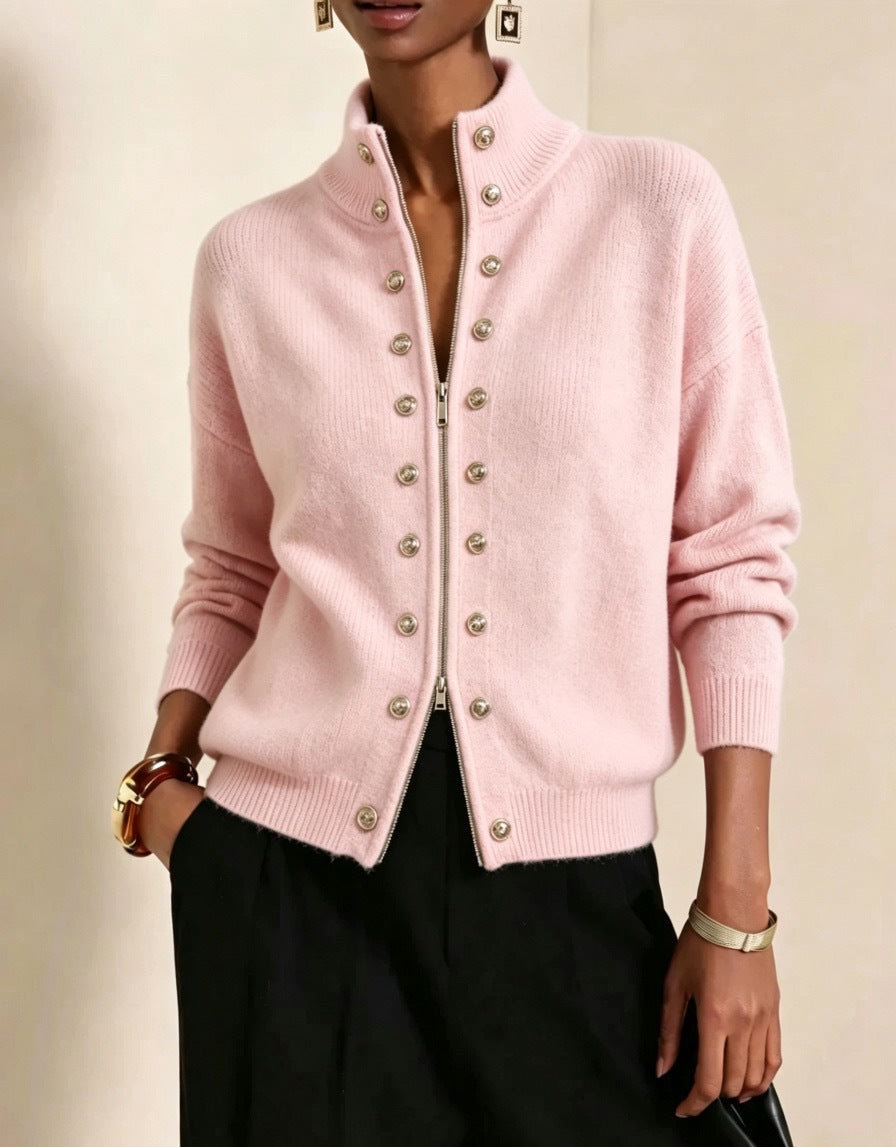 Stand Collar Zip-Up Cardigan with Double Button Rows - Pink