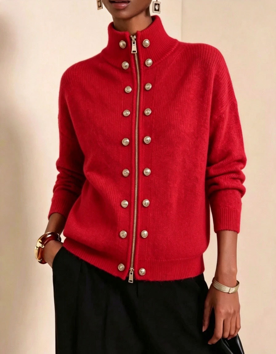 Stand Collar Zip-Up Cardigan with Double Button Rows - Red