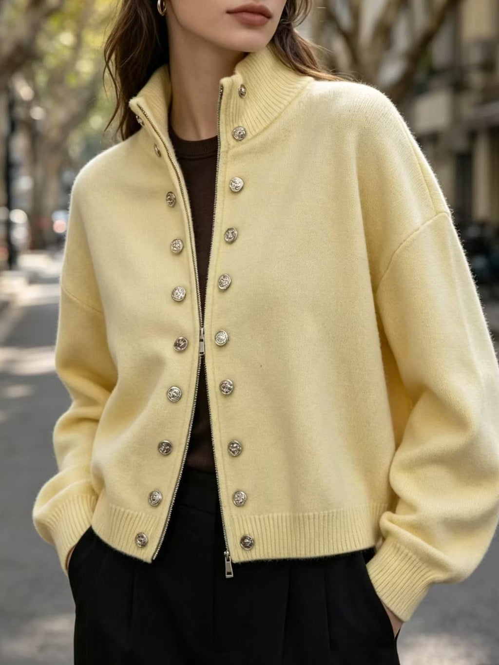 Stand Collar Zip-Up Cardigan with Double Button Rows - Yellow