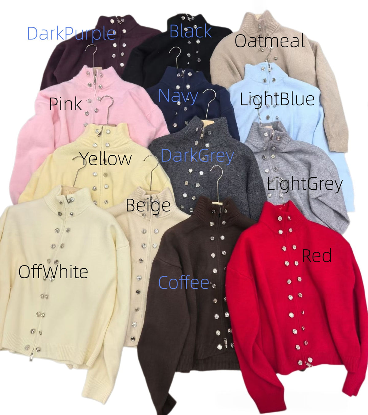 Stand Collar Zip-Up Cardigan with Double Button Rows