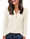 Waffle Knit Henley Long Sleeve Tee - Beige