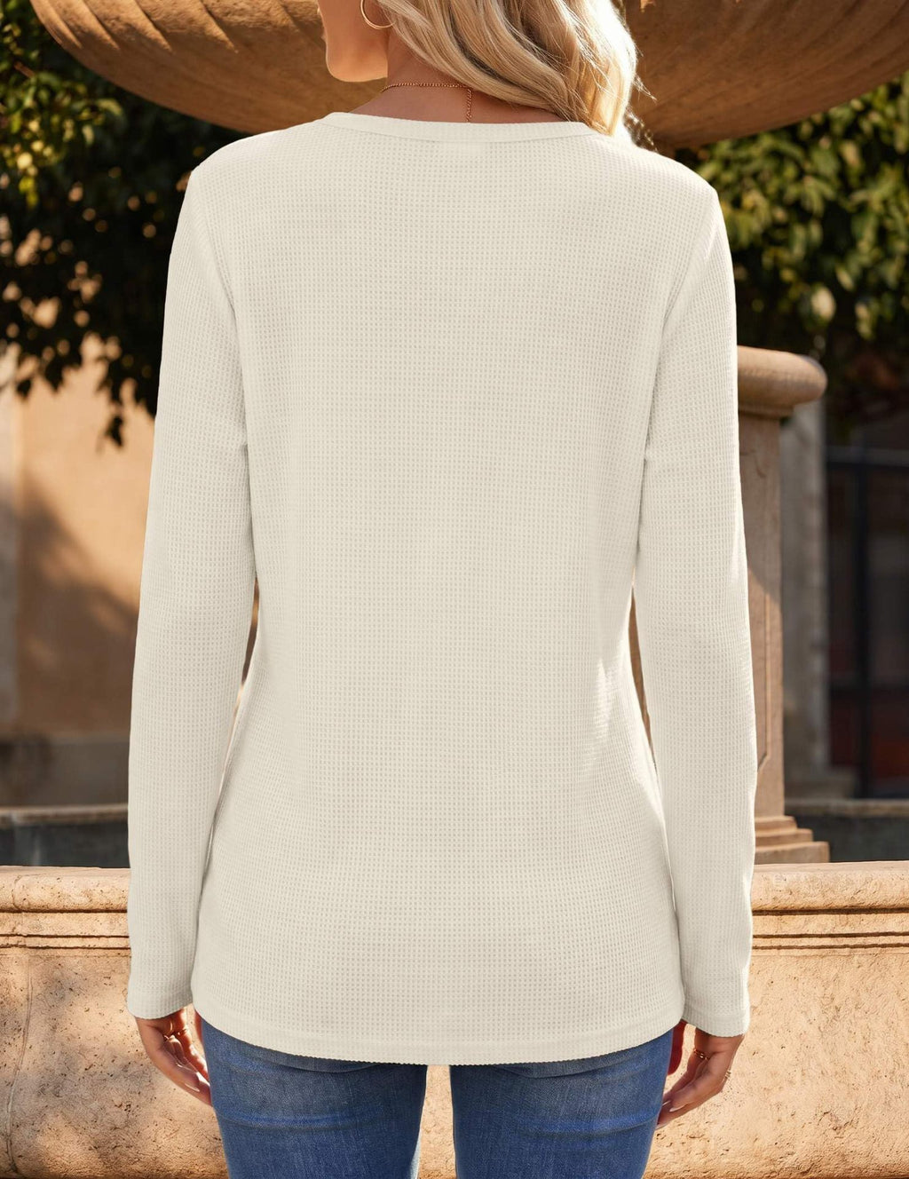 Waffle Knit Henley Long Sleeve Tee - Beige - 1