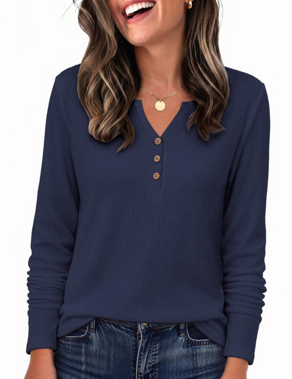 Waffle Knit Henley Long Sleeve Tee - Blue