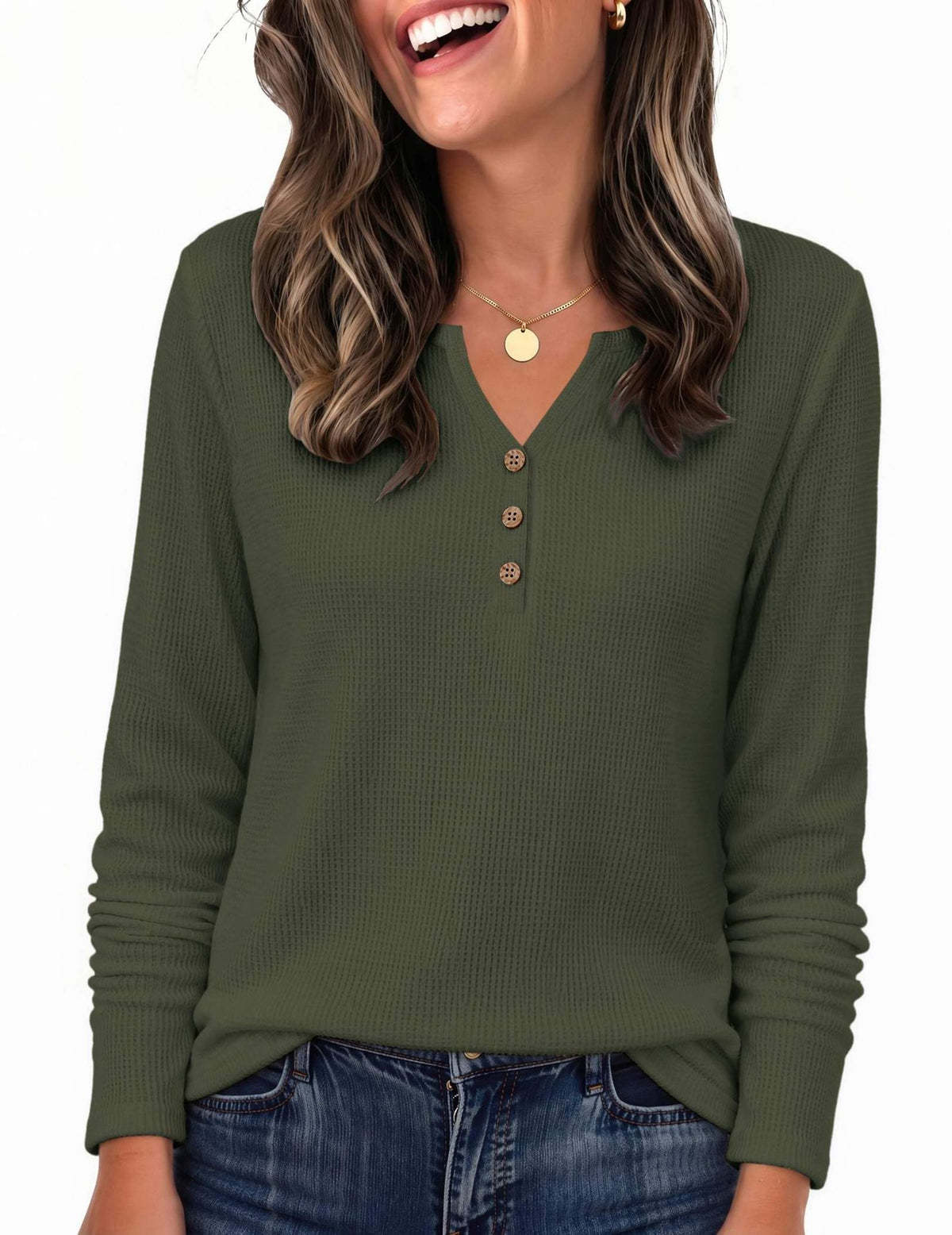 Waffle Knit Henley Long Sleeve Tee - Green